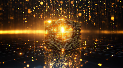 Fototapeta premium A glowing cube quantum computer over a circuit board. Generate AI