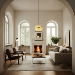 Minimalist interior, arched doorway, wooden credenza, ceramic vases, soft lighting, neutral tones, textured walls, semi-circular window, shadow play, architectural detail, Scandinavian design, earthy 