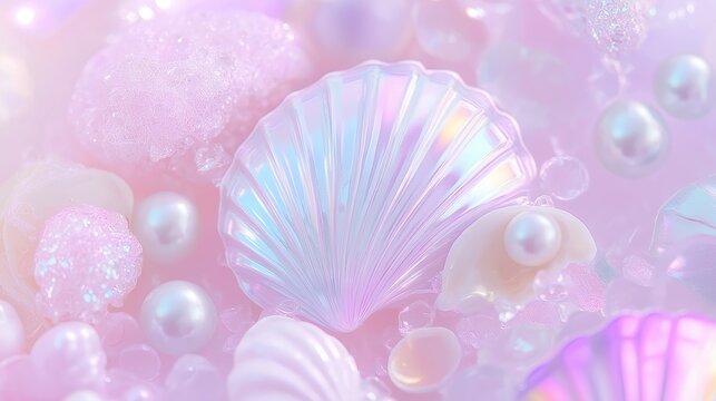 Pastel seashells and pearls with iridescent shine in dreamy composition