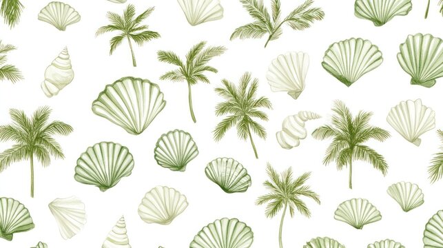 Seamless pattern of tropical palm trees and seashells on white background.