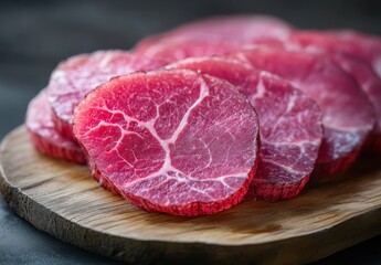 Freshly Sliced Tender Beef on Wooden Cutting Board Showcasing Beautiful Marbling Ideal for Culinary Photography and Gourmet Food Presentation