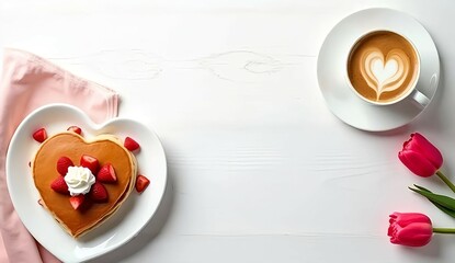 pancakes on a heart shaped plate, a coffee cup with heart latte art, red tulips on a white wooden table, with a copy space, concepts such as Valentine's Day, Mother's Day, and Birthday