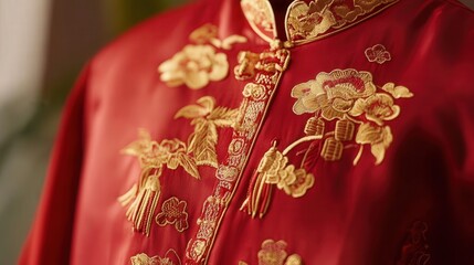 red silk Chinese New Year shirt with bold gold embroidery of lanterns and firecrackers for a festive celebration