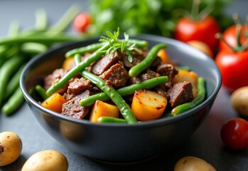 Vivid Close-Up of a Wholesome Dog Meal: Tender Beef Strips, Bright Green Beans, and Golden Potatoes in a Beautifully Designed Bowl 