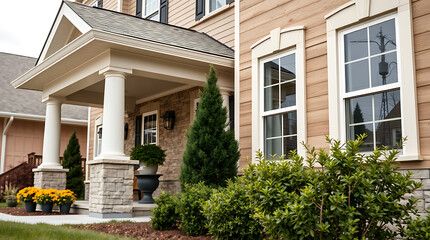 Fototapeta premium Tan-sided house with a covered porch, white columns, and landscaping. Windows are multi-paned and have white frames. Potted plants are visible on the porch and in the landscaping.