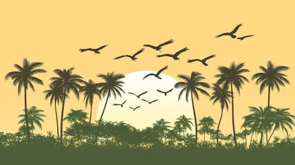 Tropical Sunset Silhouette with Palm Trees and Flying Birds