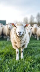 Obraz premium Fluffy Sheep in Green Pasture Farm Animal Portrait