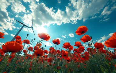 Obraz premium Wideangle view of wind turbines towering over a colorful poppy field, clean renewable energy supply concept, bright red flowers swaying in the wind, serene and natural harmony