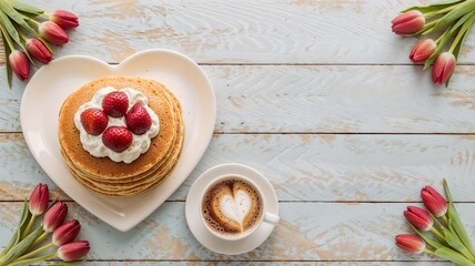 pancakes on a heart shaped plate, a coffee cup with heart latte art, red tulips on a white wooden table, with a copy space, concepts such as Valentine's Day, Mother's Day, and Birthday