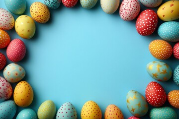 Colorful Decorative Eggs Arranged in a Frame on Blue Background for Celebrations and Events like Easter and Chinese New Year in a Simple, Minimalist Aesthetic
