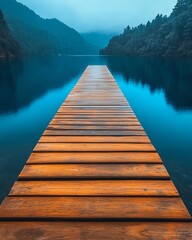 Obraz premium A beautiful wooden pier stretching over a tranquil tropical lagoon, serene blue water, ideal summer vacation destination, jetty on the water, calm and peaceful setting