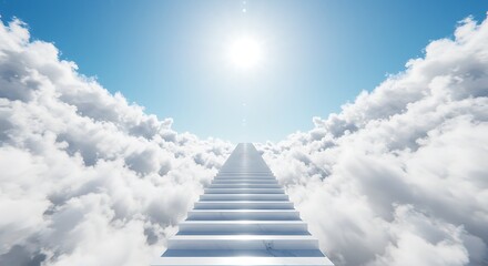 Stairs in White Clouds Leading to Heavenly Blue Sky and Sun, Representing a Holy Path to Paradise, Stairway to Heaven, Spiritual Journey, and Uplifting Visual Symbol of Hope and Tranquility