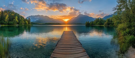 A scenic wooden pier over a calm tropical lagoon, crystalclear turquoise water, lush green...