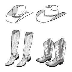 Set of women's cowboy hats and boots. Black and white illustration with halftone. Isolated on transparent background.