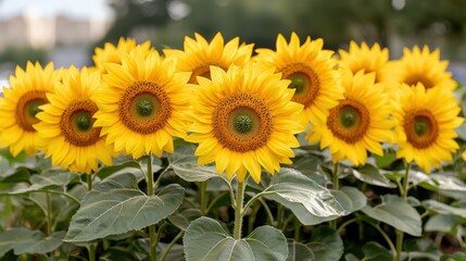 Obraz premium Vibrant sunflower blooms in lush garden setting