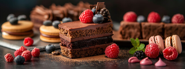 Decadent dessert display featuring chocolate cake, fruit tarts, and colorful macarons on a polished surface