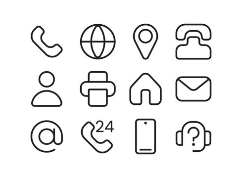Contacts line icons set. Email, mobile, phone, fax, place, website, location, name, landline, customer service.