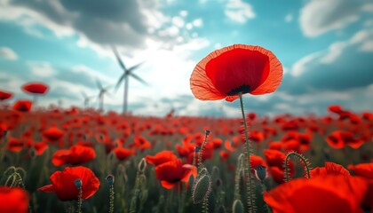 Fototapeta premium A stunning panoramic scene of wind turbines spinning in a lush poppy field, renewable energy in nature, vibrant red poppies, peaceful and ecofriendly landscape design