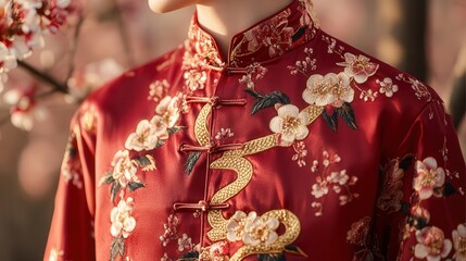 Chinese New Year shirt blending cherry blossom designs with elegant snake embroidery in gold and red.