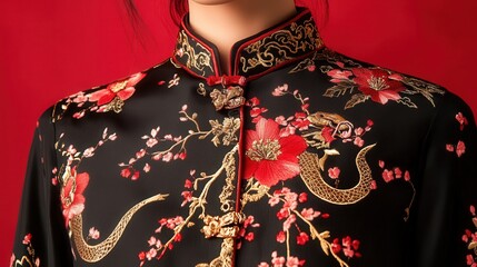 Chinese New Year shirt blending cherry blossom designs with elegant snake embroidery in gold and red.