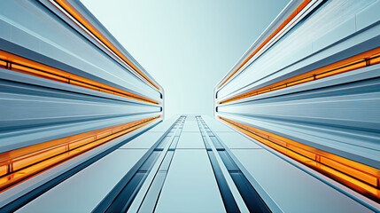 A futuristic architectural perspective captures two mirrored skyscrapers with glowing orange accents against a soft sky, showcasing modern ingenuity.