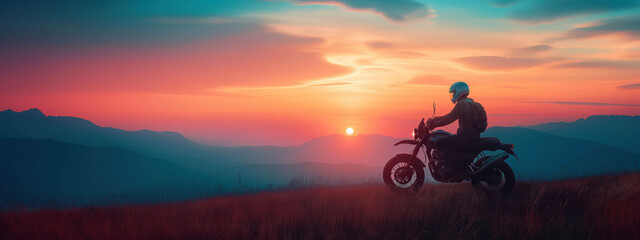 Twilight ride along hills with motorbiker silhouetted against a vibrant sunset and distant mountains