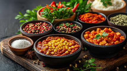 Vibrant food prep station filled with batch-cooked dishes, spices, and fresh herbs for easy dinner preparation