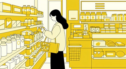 コンビニで買い物をする女性のイラスト。ショッピングシーン