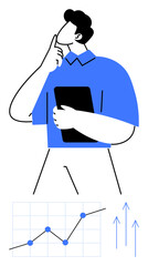 Man holding a tablet pondering data insights with a line graph and upward arrows. Ideal for analysis, decision-making, leadership, strategy, growth analytics, problem-solving, abstract line flat