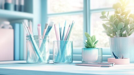Pastel stationery, plants, and sunlight on a desk.