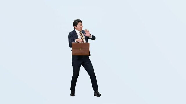 dance, businessman, man, business, walking, dancer, businessperson, people, full body, bag, office worker, salaryman, japanese, asian, suit, cut-out, copy space, stage, performance, sales, acting, com