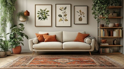 Cozy Living Room with Beige Sofa, Orange Pillows, and Plants