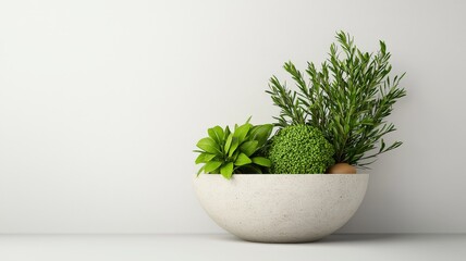 Plant-Based Cuisine with Seasonal Herbs for Vegan Living concept. Indoor plant arrangement in a modern bowl.
