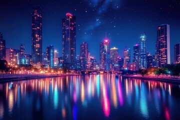 Fototapeta premium Breathtaking Night View of Modern City Skyline with Starry Sky Reflecting on River