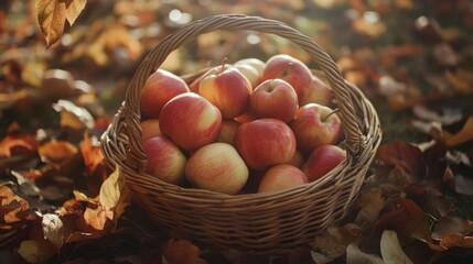 Autumn Apples in Wicker Basket, Fall Harvest Scene