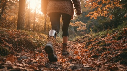 Young Woman with Prosthetic Leg Hiking Autumn Forest Trail