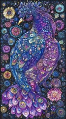 Abstract Peacock Design with Floral Accents on Dark Background