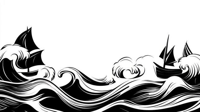 Two sailing ships navigating turbulent waves in a monochrome illustration.