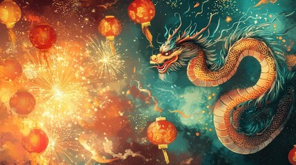 Obraz premium Chinese New Year postcard with a dragon flying through fireworks, surrounded by lanterns and golden patterns