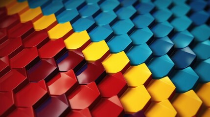 Fototapeta premium Abstract Hexagon Pattern in Vibrant Red Yellow and Blue Hues: A 3D Geometric Design