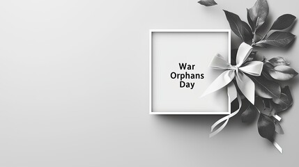A minimalist design featuring "War Orphans Day" with floral elements and a ribbon.