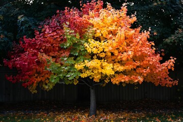 A single tree showcases a stunning autumnal display. Its leaves transition seamlessly through vibrant red, orange, yellow, and green hues. The tree stands before a dark fence.