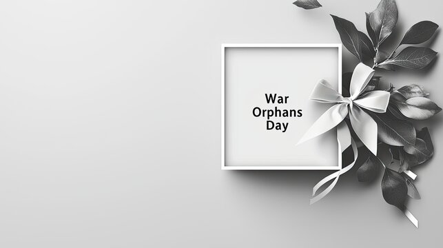 A minimalist design featuring "War Orphans Day" with floral elements and a ribbon.