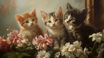 Three Adorable Kittens Amidst Blooming Flowers