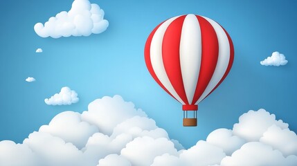 Obraz premium Red and white striped hot air balloon soaring amidst fluffy white clouds in a clear blue sky