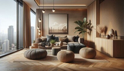 Fototapeta premium Luxurious modern living room, floor-to-ceiling windows, city skyline view, warm wood paneling, cozy beige sectional sofa, circular coffee table, indoor plants, mood lighting, textured area rug, contem