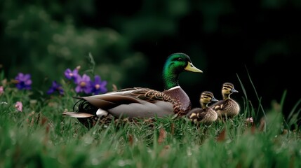 Fototapeta premium Mallard Duck Family in Grass Nature Wildlife Photo