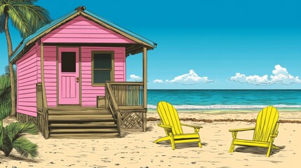 Fototapeta premium Pink beach cottage with yellow chairs on a sandy shore near turquoise ocean