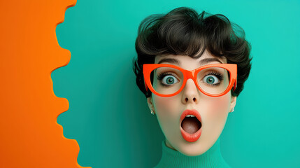 A vibrant, surprised expression from a woman in bright orange glasses pops against a turquoise backdrop, merging color and emotion.