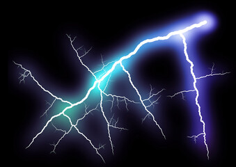 黒い背景に幾何学的な形に光り輝く青い稲妻の3dイラスト